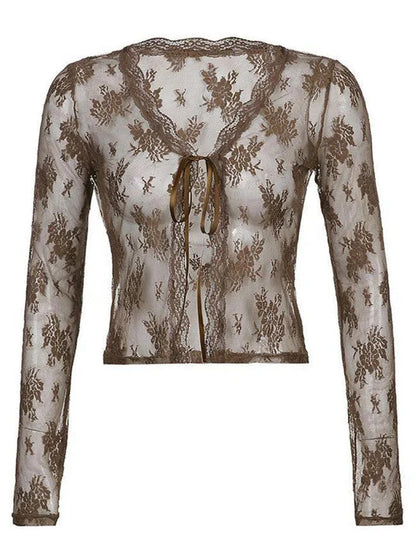 Y2k Open Front Lace Long Sleeve Crop Blouse