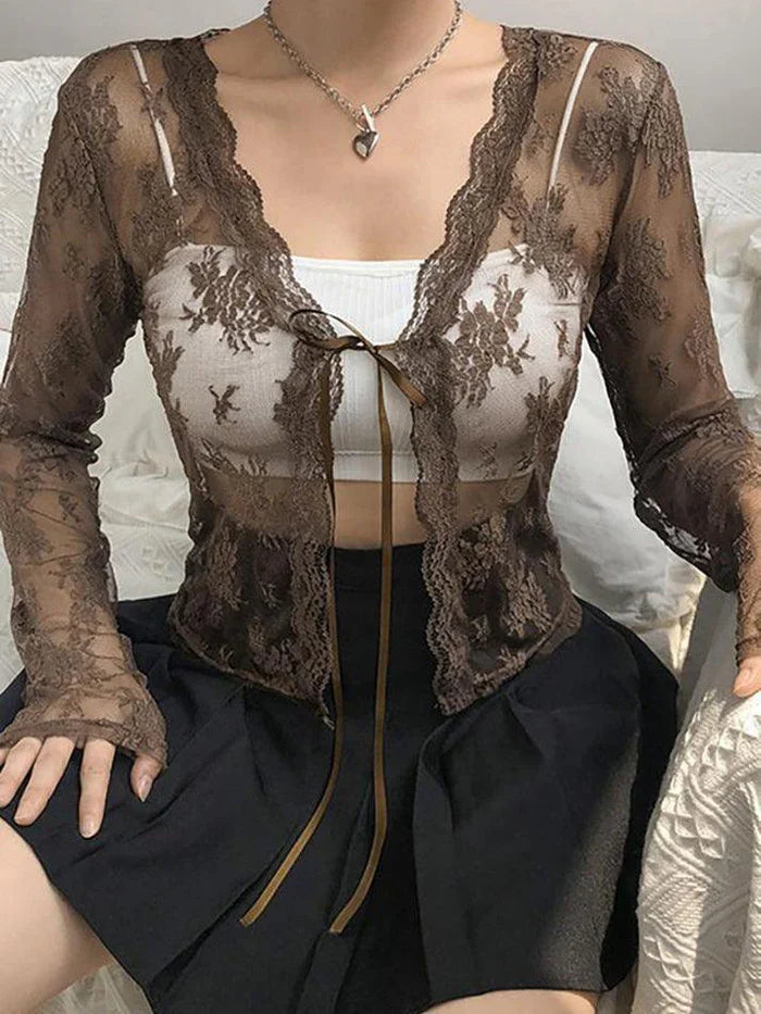 Y2k Open Front Lace Long Sleeve Crop Blouse