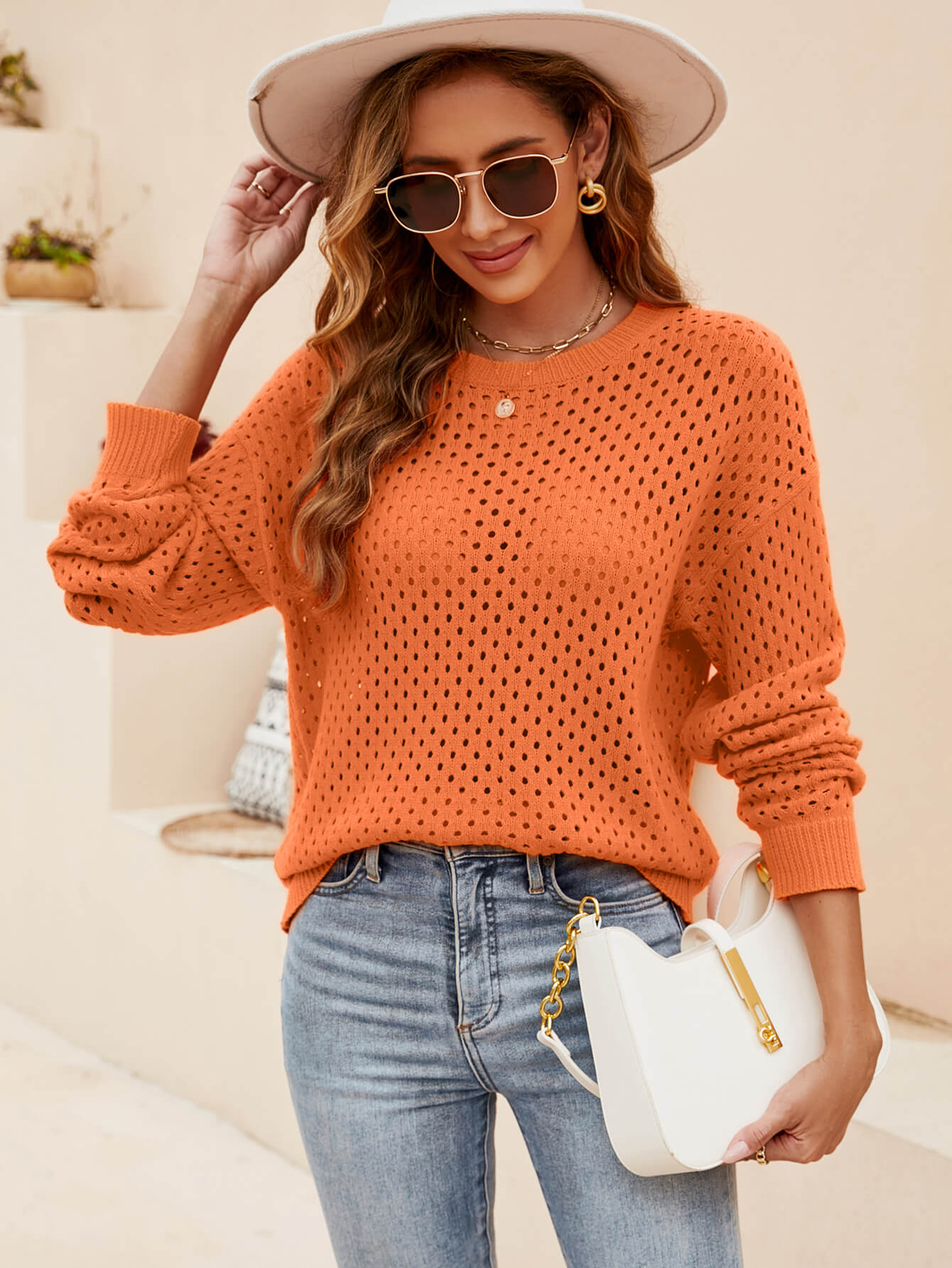 Izzy Crochet Knit Pullover Sweater - Orange