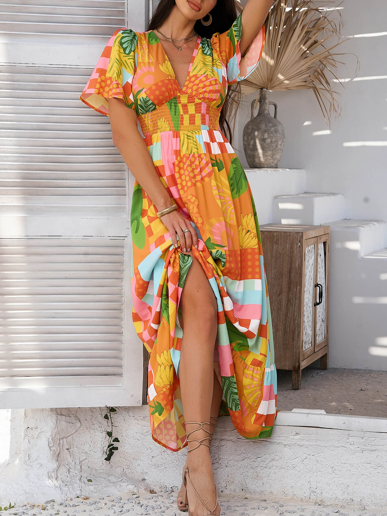 Tropical Drift Abstract Maxi Dress - Orange
