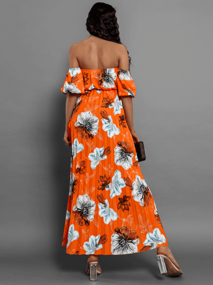 Rosalie Off the Shoulder Plisse Maxi Dress - Orange