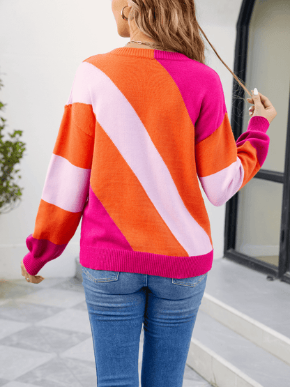 Leia Diagonal Strip Colorblock Sweater - Orange