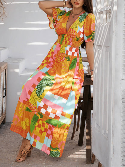 Tropical Drift Abstract Maxi Dress - Orange