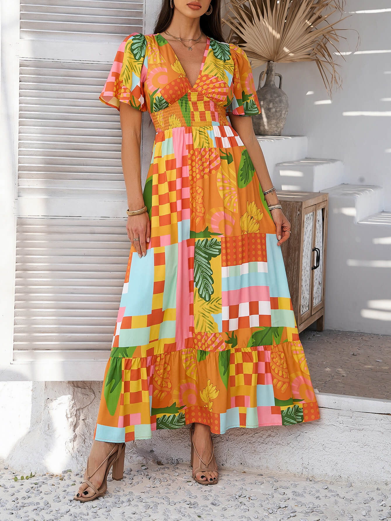 Tropical Drift Abstract Maxi Dress - Orange