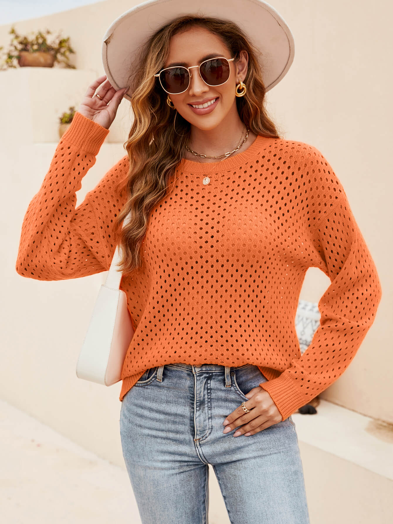 Izzy Crochet Knit Pullover Sweater - Orange