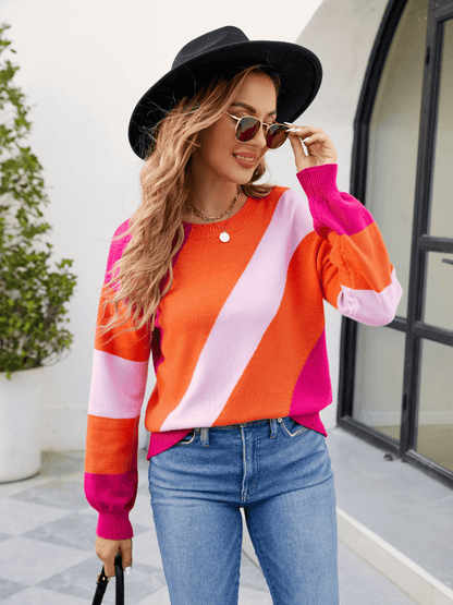 Leia Diagonal Strip Colorblock Sweater - Orange