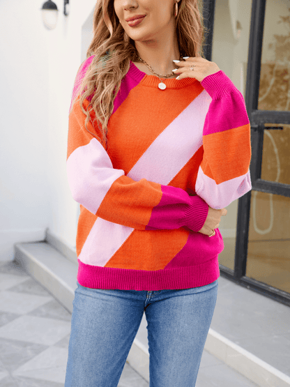 Leia Diagonal Strip Colorblock Sweater - Orange
