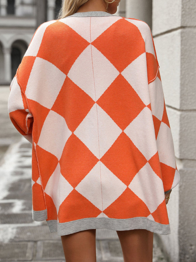 Jackey Argyle Print Button Down Cardigan - Orange