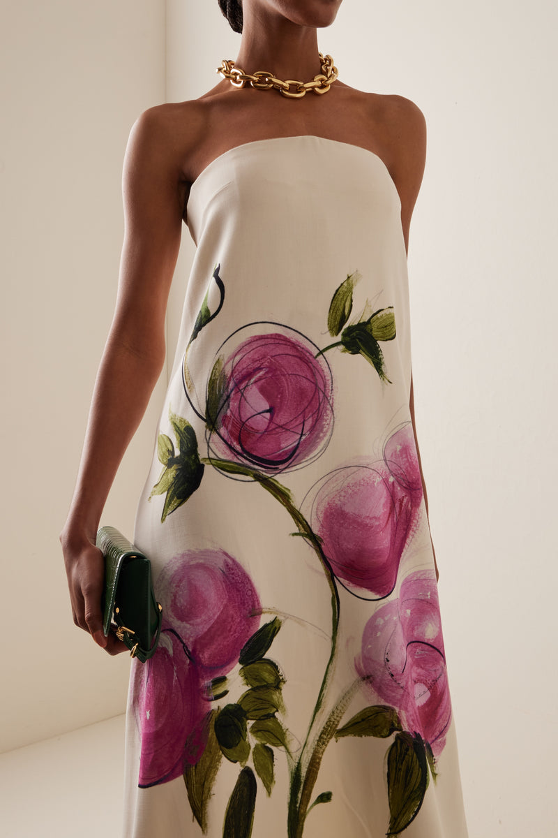 Dorothy Print Strapless Satin Maxi Dress