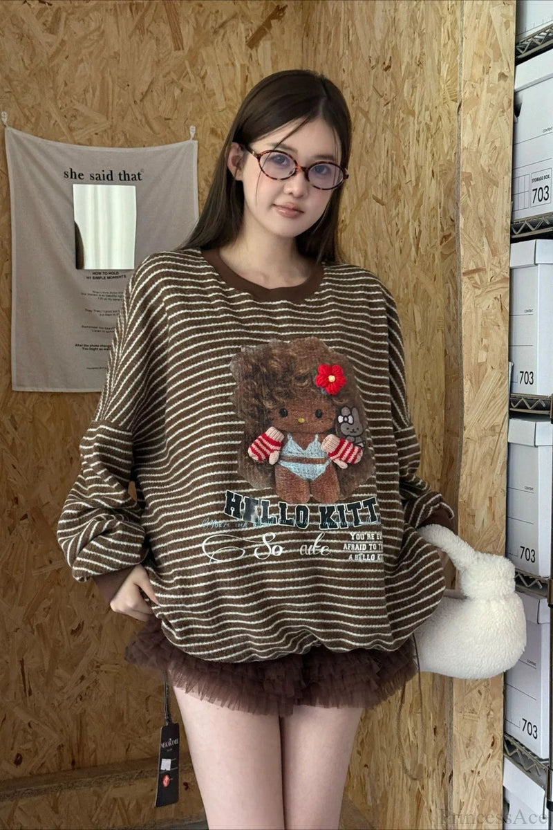 Oversized Striped Exploding Afro Hello Kitty Print Sweatshirt