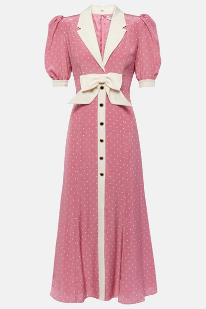 Rita Bow Trimmed Puff Sleeve V-neckline Midi Dress