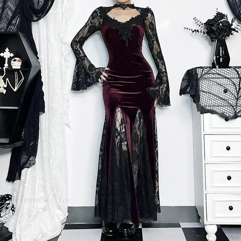 Patchwork Velvet Long Sleeve Midi Dress