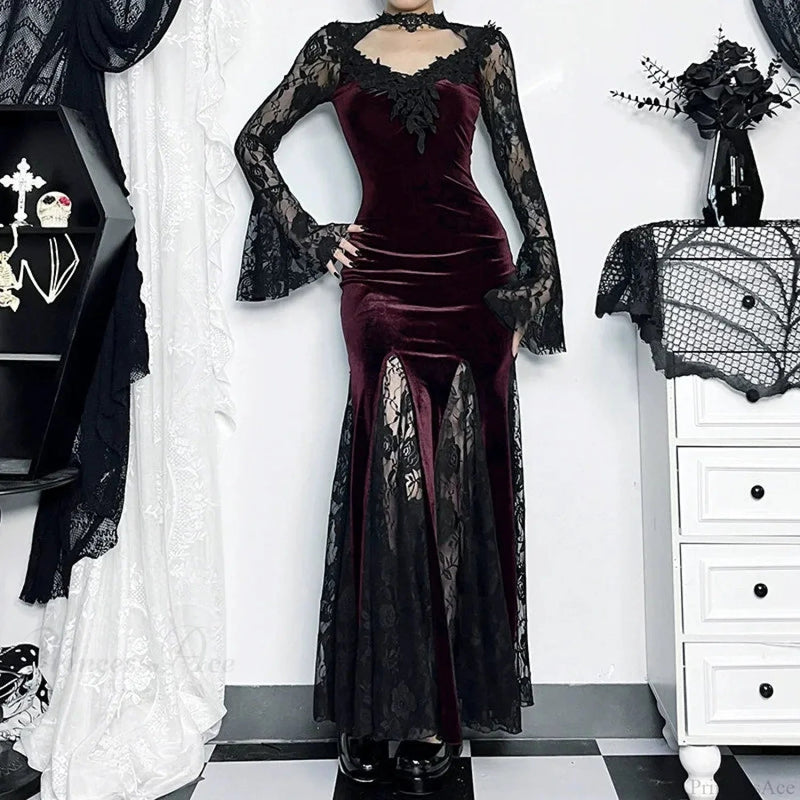 Patchwork Velvet Long Sleeve Midi Dress
