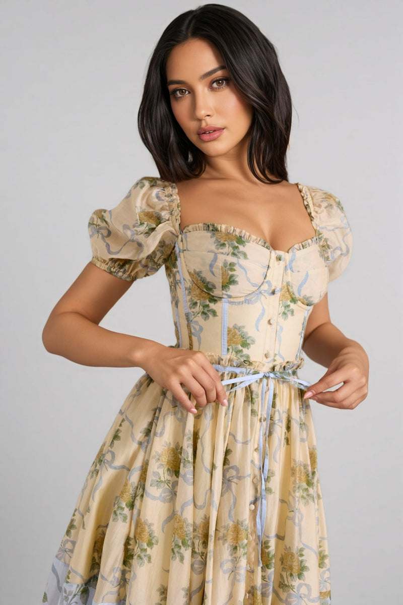 Elowen Yellow Rose Chiffon Midi Dress