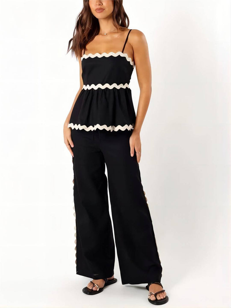 Sleeveless Loose Plain Two-piece Wavy Lace Wide-leg Pants Set