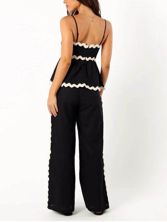 Sleeveless Loose Plain Two-piece Wavy Lace Wide-leg Pants Set