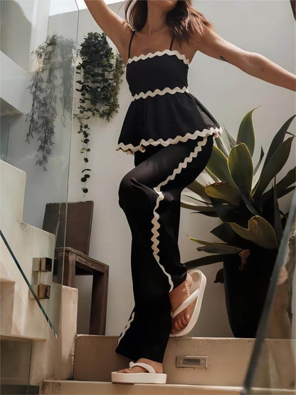 Sleeveless Loose Plain Two-piece Wavy Lace Wide-leg Pants Set