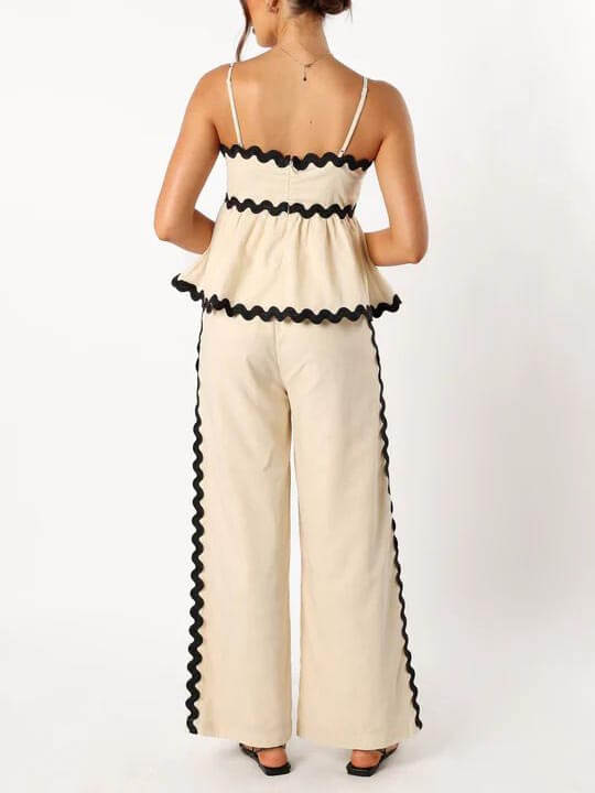 Sleeveless Loose Plain Two-piece Wavy Lace Wide-leg Pants Set