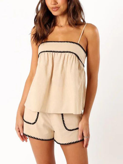 Color Suspenders Contrasting Color Shorts Two-piece Set
