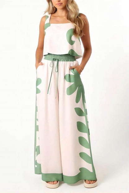 Sleeveless Folk Loose Wide-leg Pants Set