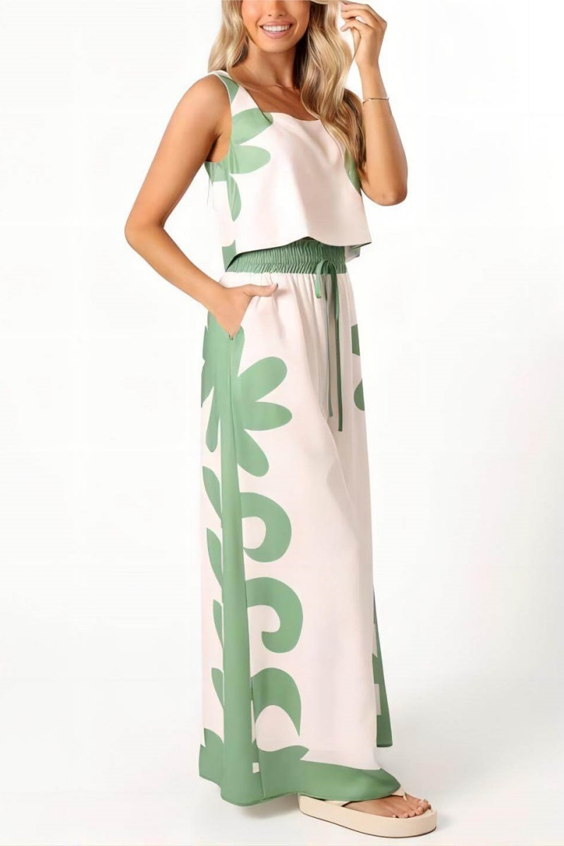 Sleeveless Folk Loose Wide-leg Pants Set