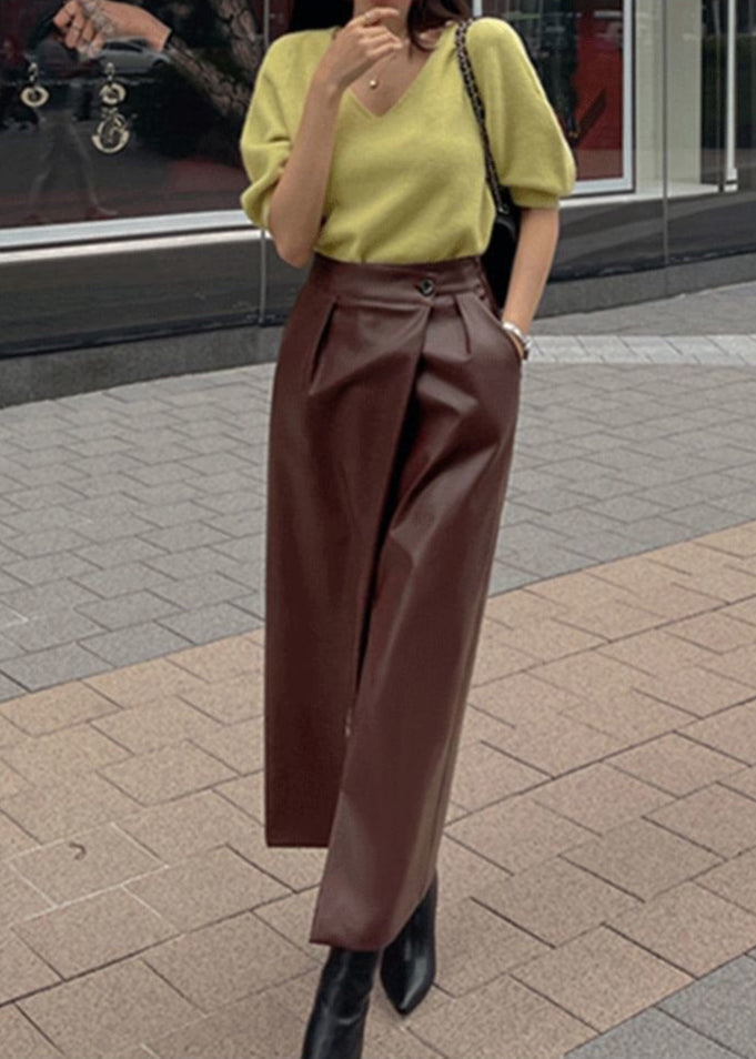 Brown Faux Leather Wrap Midi Skirt – High Waist Front Slit