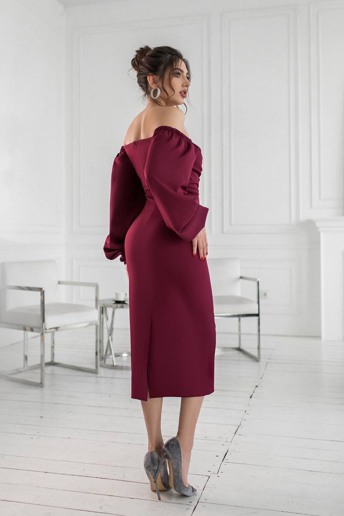 Lorraine Off Shoulder Puff Sleeves Midi Dress