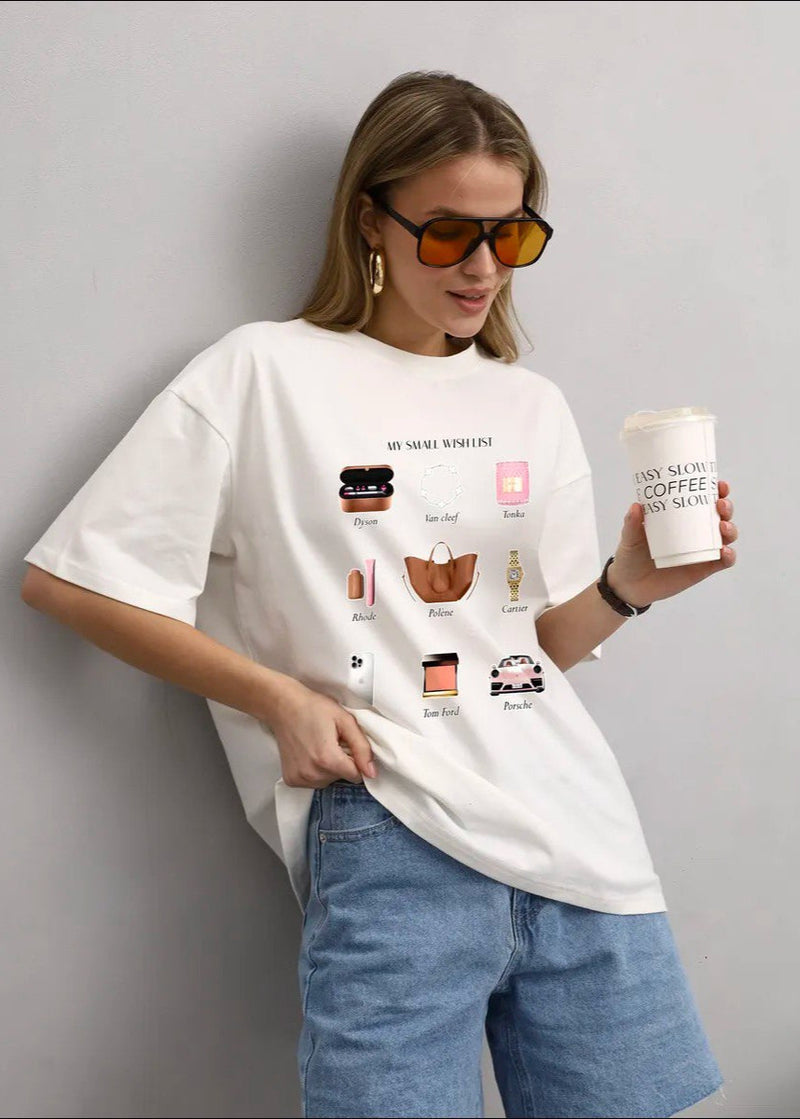 Wishlist Oversized Tee – White Graphic T-shirt With “my Small Wish List” Print