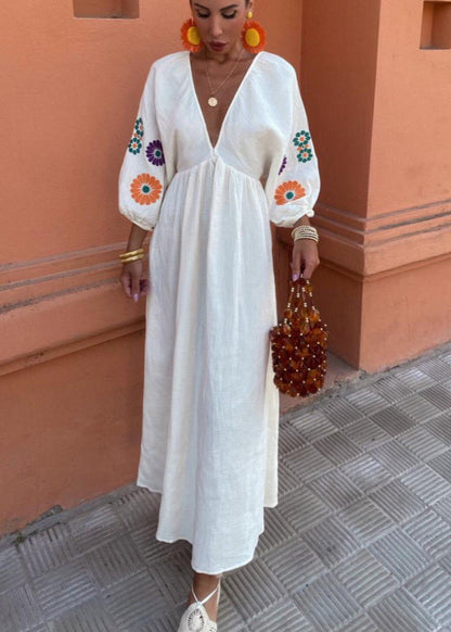 Solana Embroidered Maxi Dress – Open-back With Balloon Sleeves