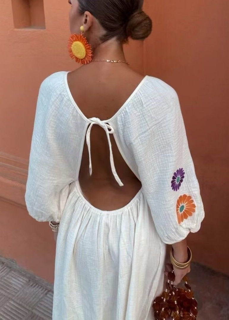 Solana Embroidered Maxi Dress – Open-back With Balloon Sleeves