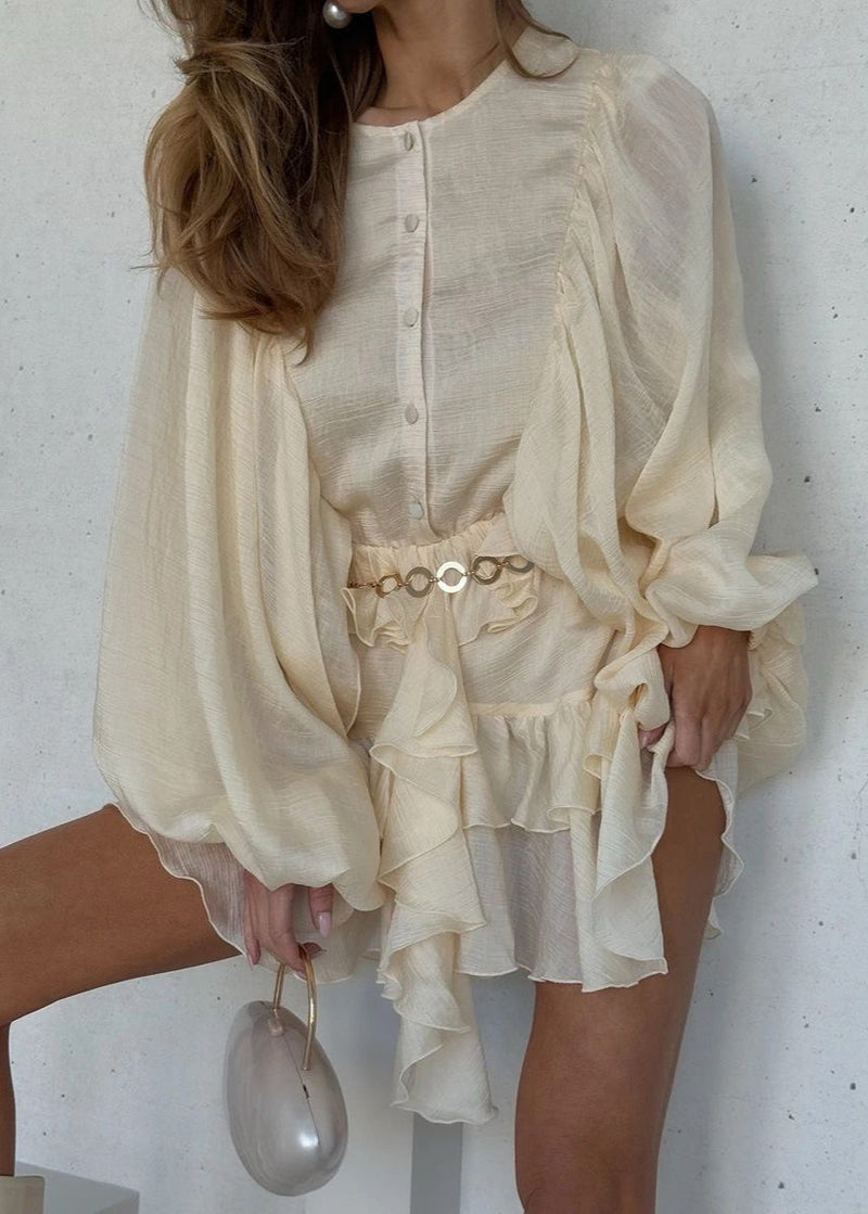 Aveline - Ruffled Organza Mini Dress With Flowing Sleeves