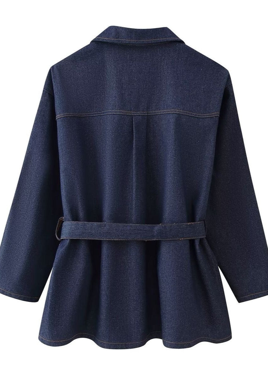 Indigo Structure Denim Set – Belted Oversized Jacket and Straight-leg Pants