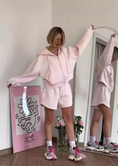 Blush Ease - Zip-up Hoodie & Lounge Shorts Set