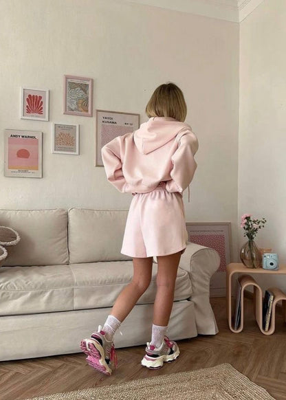 Blush Ease - Zip-up Hoodie & Lounge Shorts Set