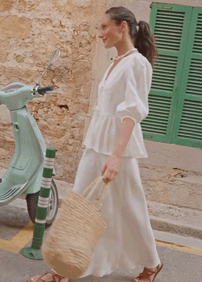 Verona - Cotton Peplum Set With Puff Sleeves and Maxi Skirt