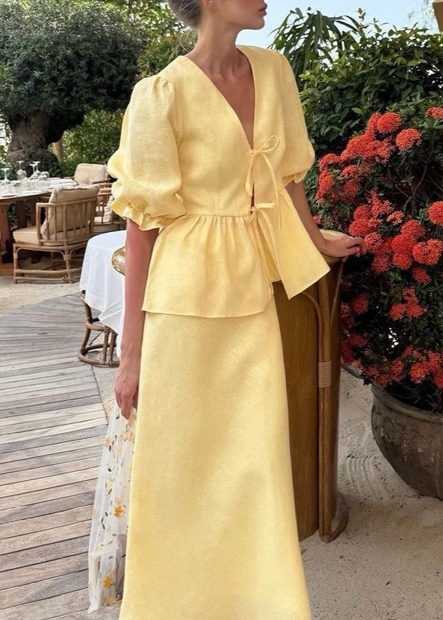 Solara - Puff Sleeve Cotton Set With Tie Waist and Maxi Skirt
