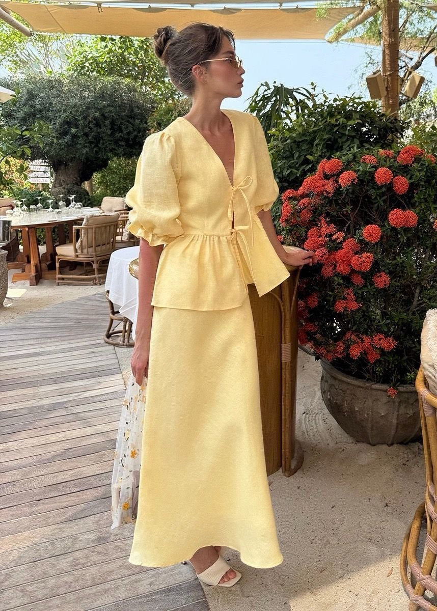 Solara - Puff Sleeve Cotton Set With Tie Waist and Maxi Skirt