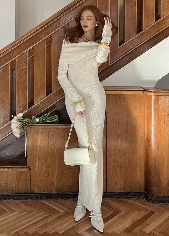 Off-shoulder Ivory Ribbed Knit Maxi Dress – Long Sleeve Bodycon