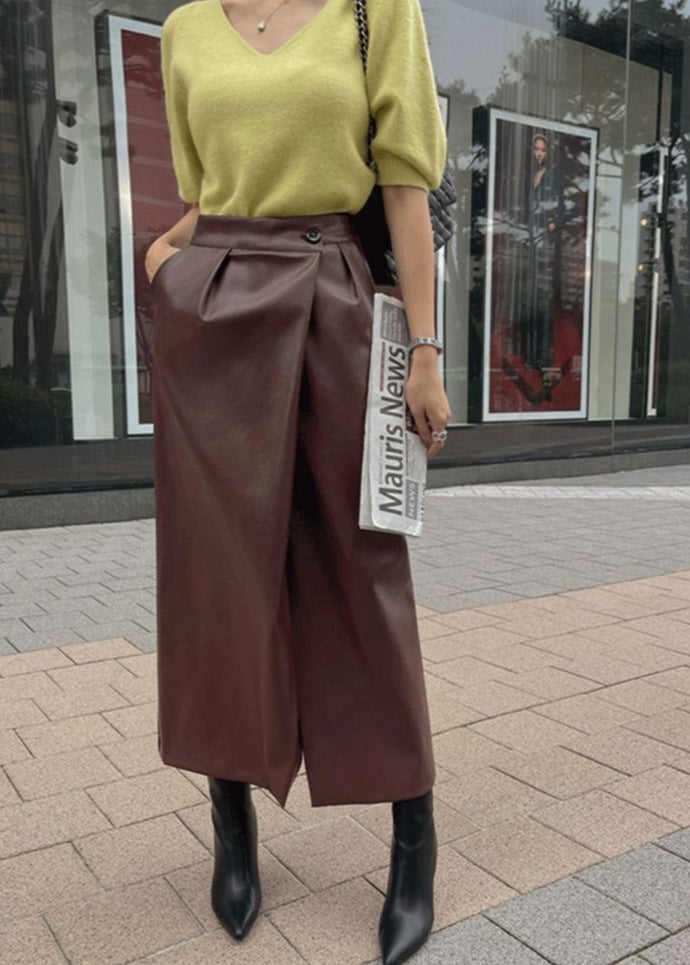 Brown Faux Leather Wrap Midi Skirt – High Waist Front Slit