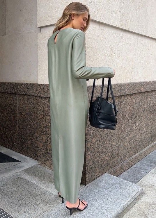 Sage Green Long Sleeve Maxi Dress – Minimalist Satin Look