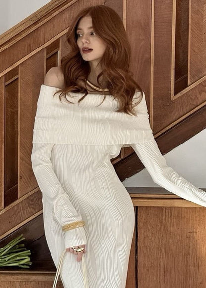 Off-shoulder Ivory Ribbed Knit Maxi Dress – Long Sleeve Bodycon