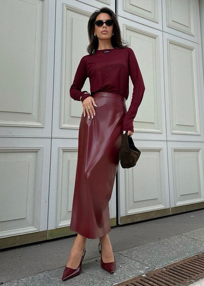 Wine Red Faux Leather Midi Skirt – High Waist Straight Cut