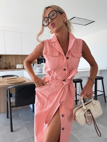 Sierra Serenade Denim Maxi Dress - Pink