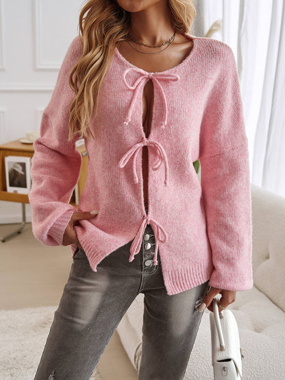 Shes the Bow Detail Sweater Cardigan - Pink