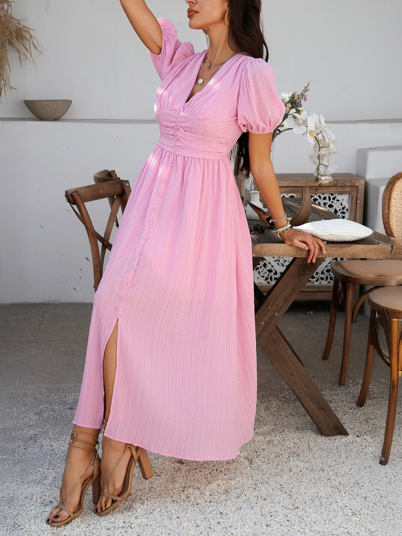 Coriene Short Puff Sleeve Maxi Dress - Pink