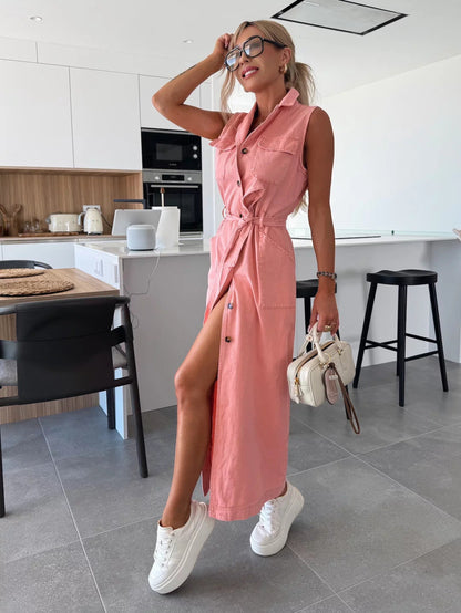 Sierra Serenade Denim Maxi Dress - Pink
