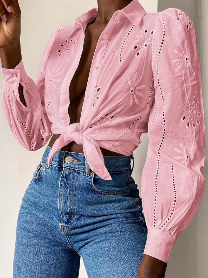 Miley Perforated Long Sleeve Blouse - Pink