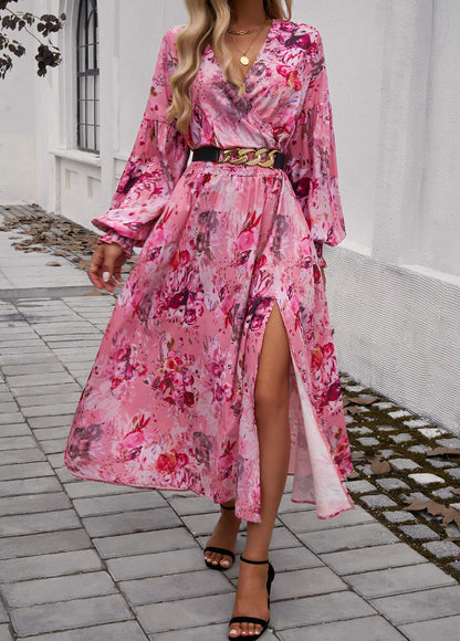 Lisette V-neck Print Tiered Maxi Dress - Pink
