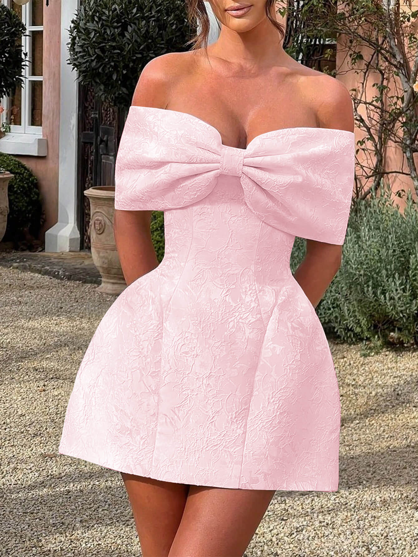 Whispering Bow Off the Shoulder Mini Dress