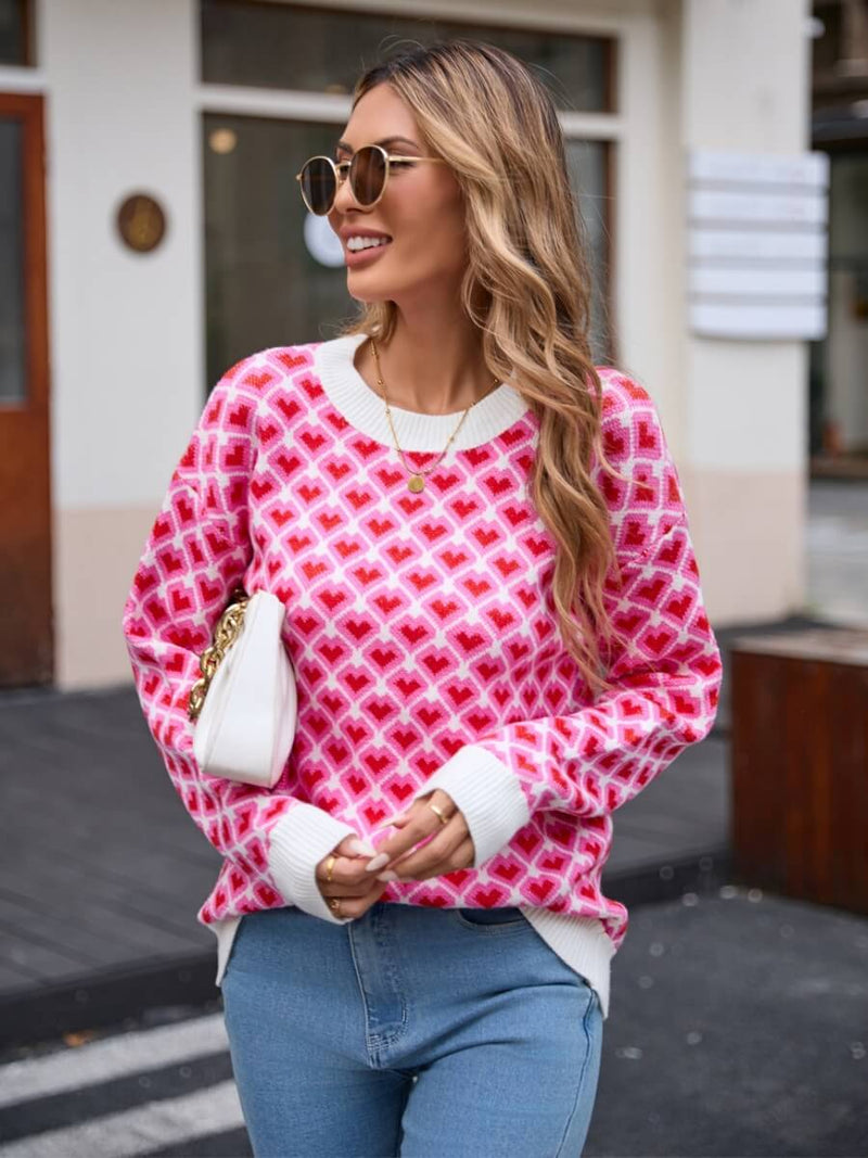 Lots to Love Check Heart Sweater - Pink